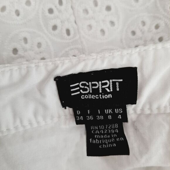 ESPRIT 100% Cotton Floral Eyelet Pleated Knee Length Skirt White Sz 4 - Picture 14 of 15